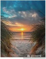 Path through dunes opening onto a tropical sunset beach