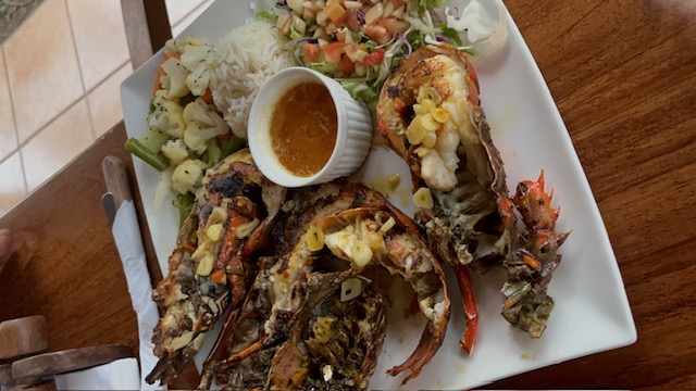 Grilled Caribbean lobster platter with rice, veggies and dipping sauce