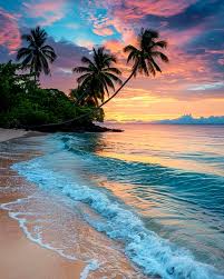 Palm-lined Costa Rica beach at sunset with pastel skies